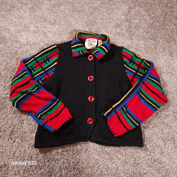 Michael Simon Cardigan Womens Petites Small Black Red Colorful Sleeves Sweater - Picture 6 of 10